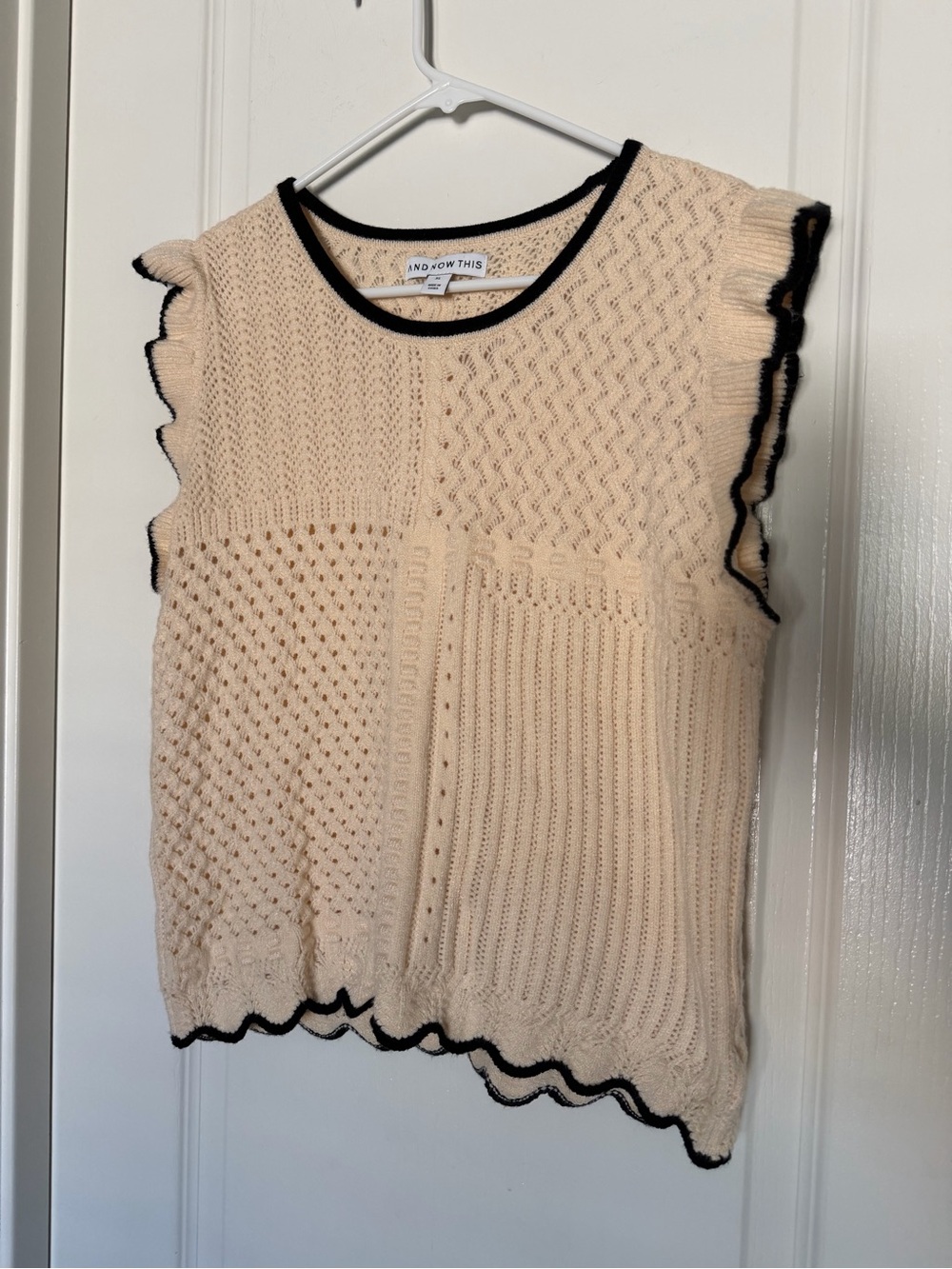 And/Or Cream Knit Sleeveless Tank with Black Trim - Scalloped Edge